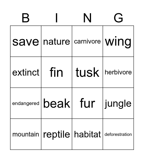 Wild Animals Bingo Card