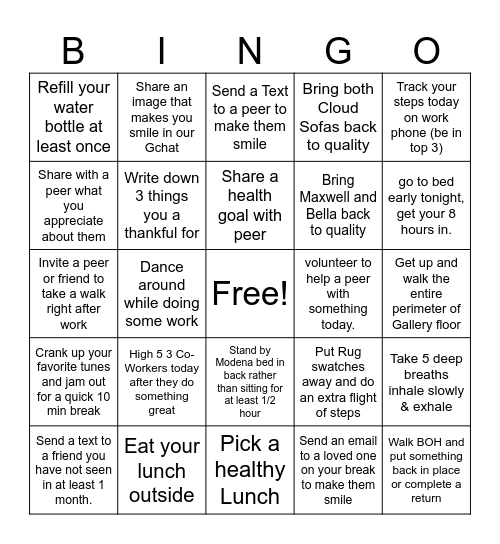 Worksite Wellness Wednesday Bingo Card