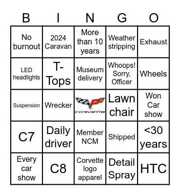 CORVETTE BINGO Card