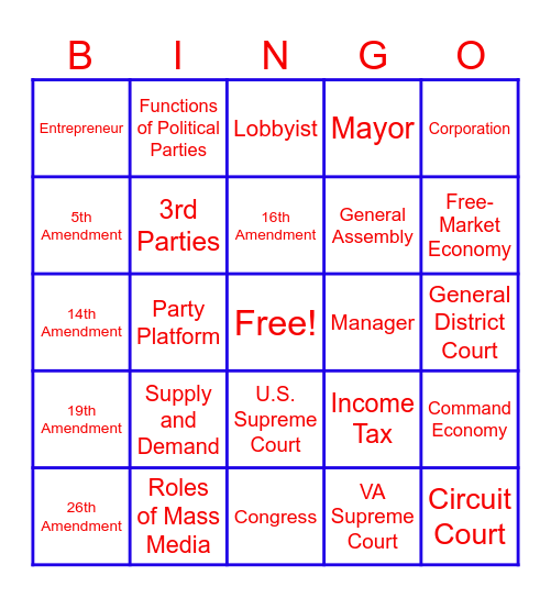 VA Civics and Econ. SOL Review Bingo Card