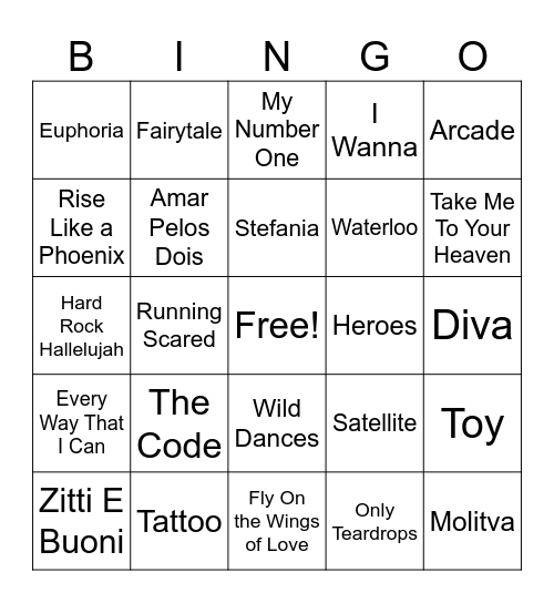 Eurovision Bingo Card