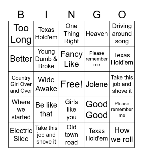 "Cowboy" Bingo Card