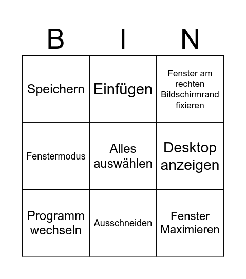 Shortcuts Bingo Card