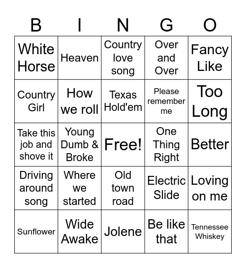 "Cowboy" Bingo Card