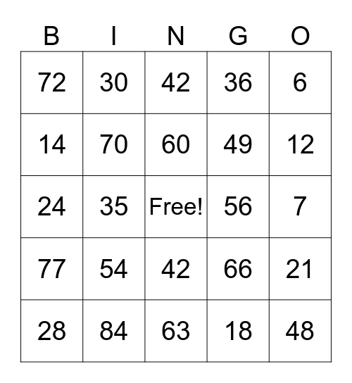 Multiplication 6-7 Bingo Card