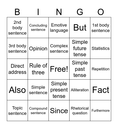 Level 1 Writing Bingo Card