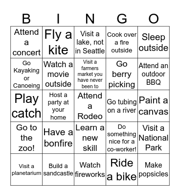 Unit Summer Fun Bingo Card