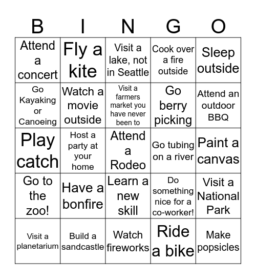 Unit Summer Fun Bingo Card