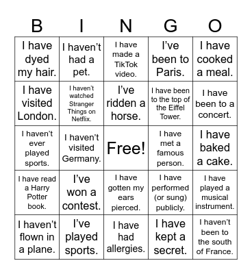 Present Perfect Bingo Card