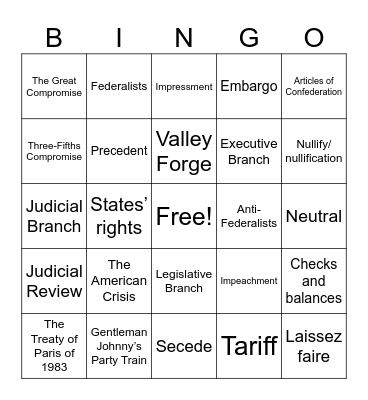 7th Grade US History Final Exam Bingo Card