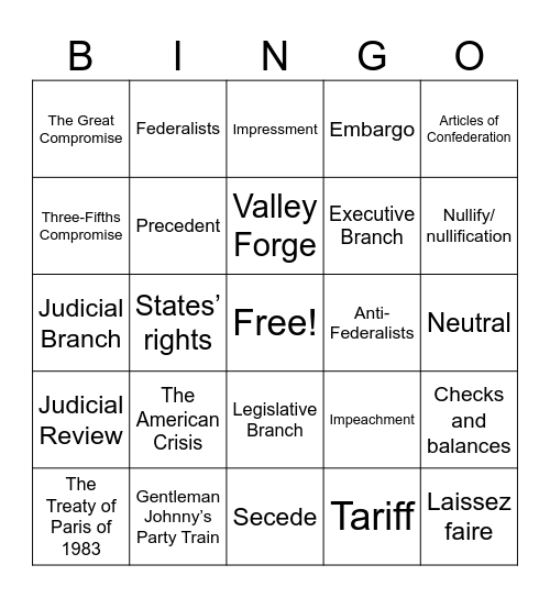 7th Grade US History Final Exam Bingo Card