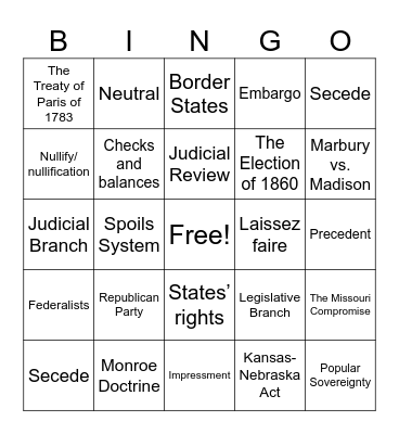 7th Grade US History Final Exam Bingo Card