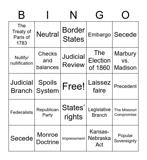 7th Grade US History Final Exam Bingo Card