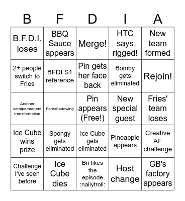 BFDIA 12 Bingo Card