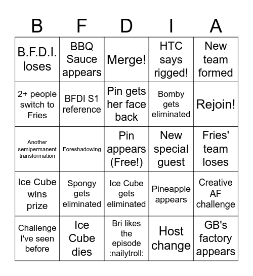 BFDIA 12 Bingo Card