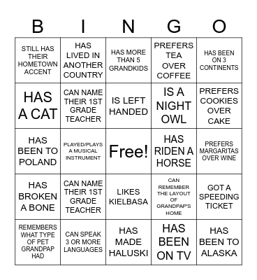 STETZ FAMILY REUNION Bingo Card