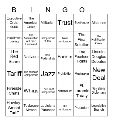8th Grade US History Final Exam Bingo Card