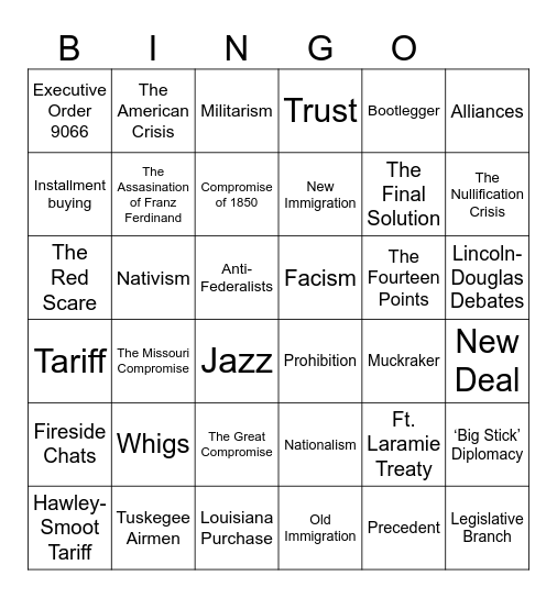 8th Grade US History Final Exam Bingo Card