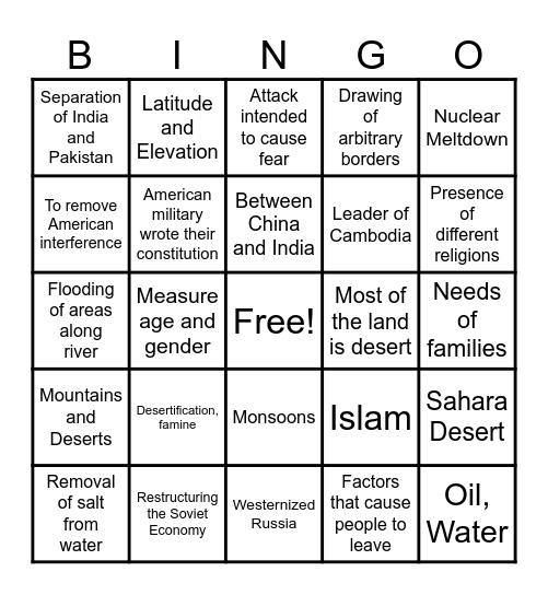 World Geo Final Exam Bingo Card