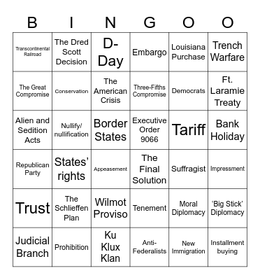 7th Grade US History Final Exam Bingo Card