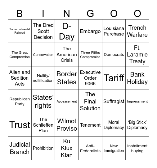 7th Grade US History Final Exam Bingo Card