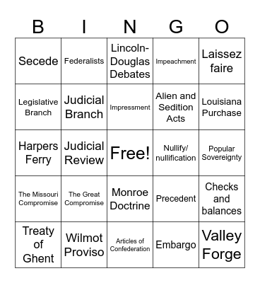 7th Grade US History Final Exam Bingo Card