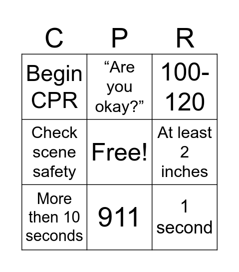 Adult CPR Review Bingo Card