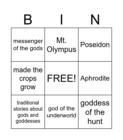 Greek Mythology Bingo Card