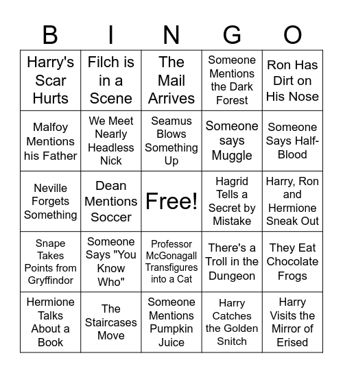 Harry Potter and the Sorcerer's Stone Bingo Card