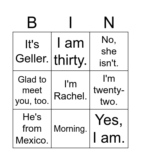 Beginners A1 Bingo Card