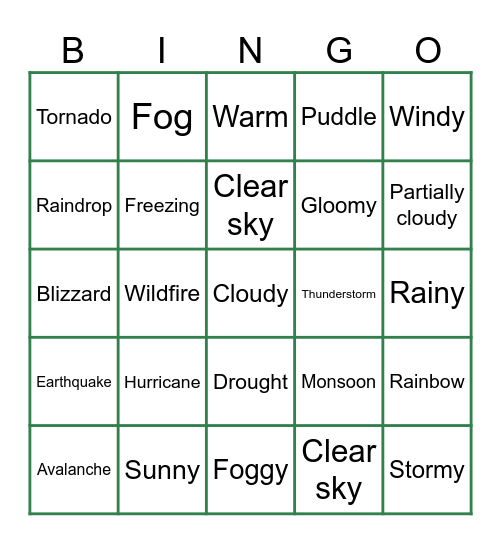 Weather and Natural Disasters Bingo Card