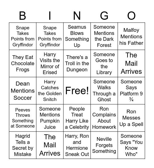 Harry Potter and the Sorcerer's Stone Bingo Card