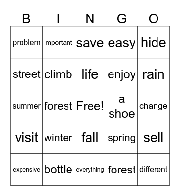 בינגו ה' אנגלית Bingo Card