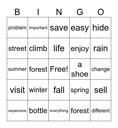 בינגו ה' אנגלית Bingo Card