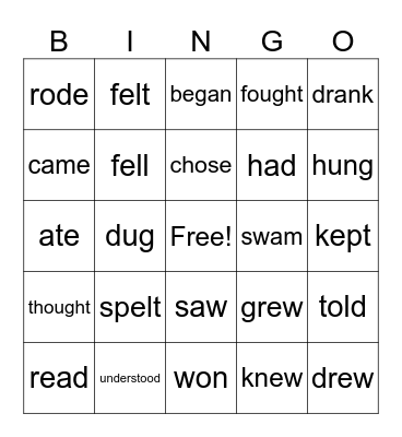 Irregular Verbs in Past Bingo Card