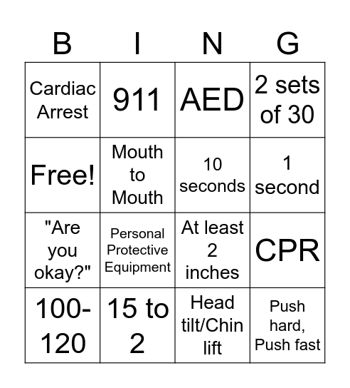 Adult CPR Review Bingo Card