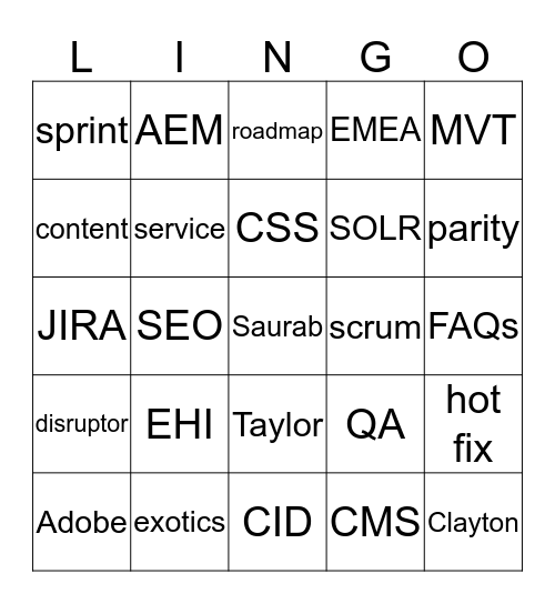 Enterprise / National Lingo Bingo Card