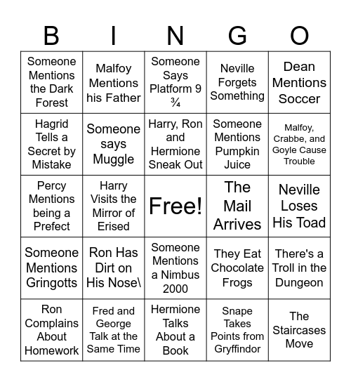 Harry Potter and the Sorcerer's Stone Bingo Card