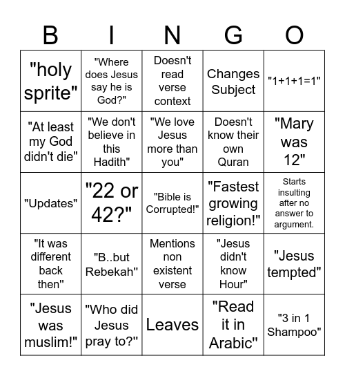 Muslim Arguments Bingo Card