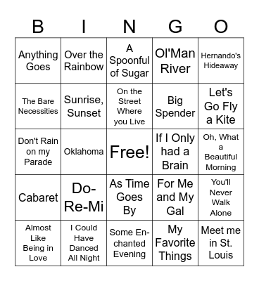 Songs from Musicals Bingo Card