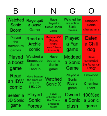 Sonic Bingo Card