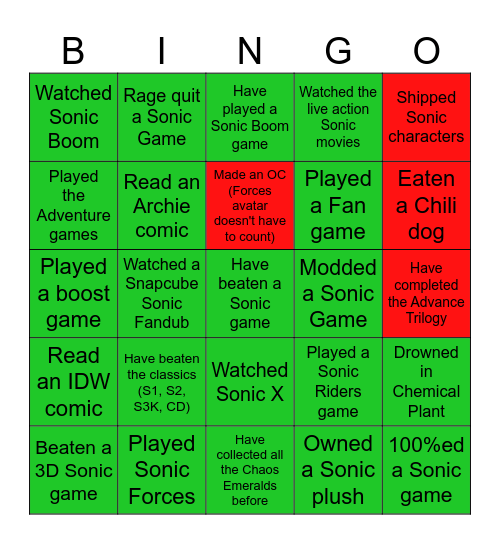 Sonic Bingo Card