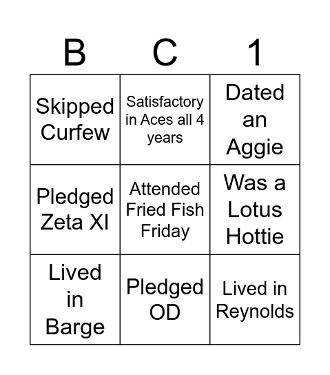 Bennett Back In The Day Bingo Card