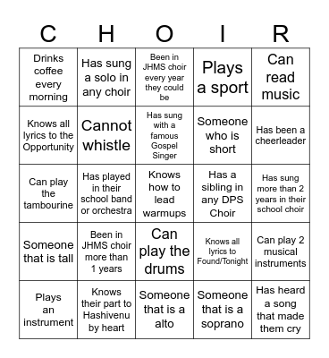 Getting to know your choir members! Bingo Card