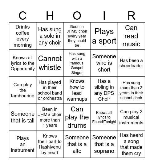 Getting to know your choir members! Bingo Card