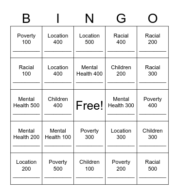 Poverty Bingo Card