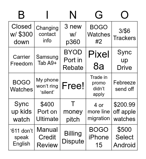 T-Mobile Pin Bingo Card