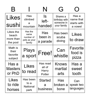Get to Know You Bingo Card