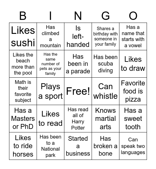 Get to Know You Bingo Card