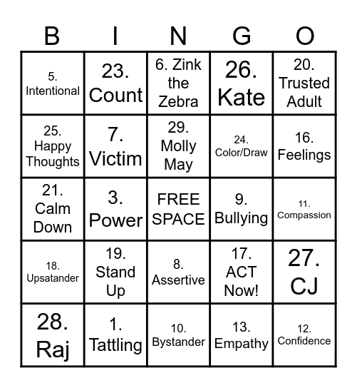 ACT Now! Bullying Prevention Bingo Card